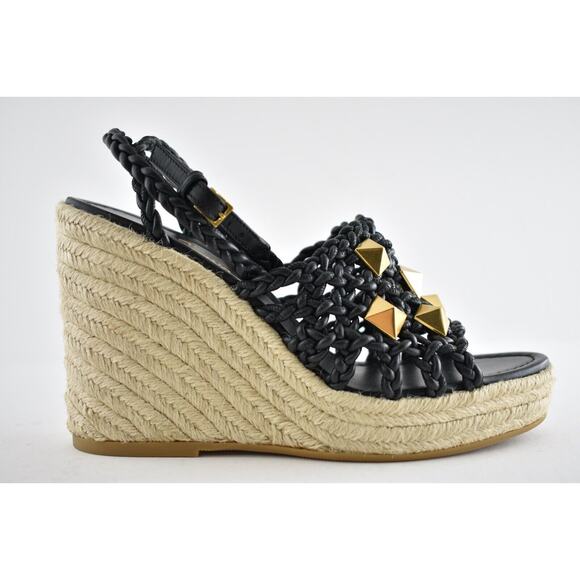 Valentino Rockstud Roman Stud Black Leather Espadrille Wedge Lace Up Sandal 37.5 - Picture 2 of 10